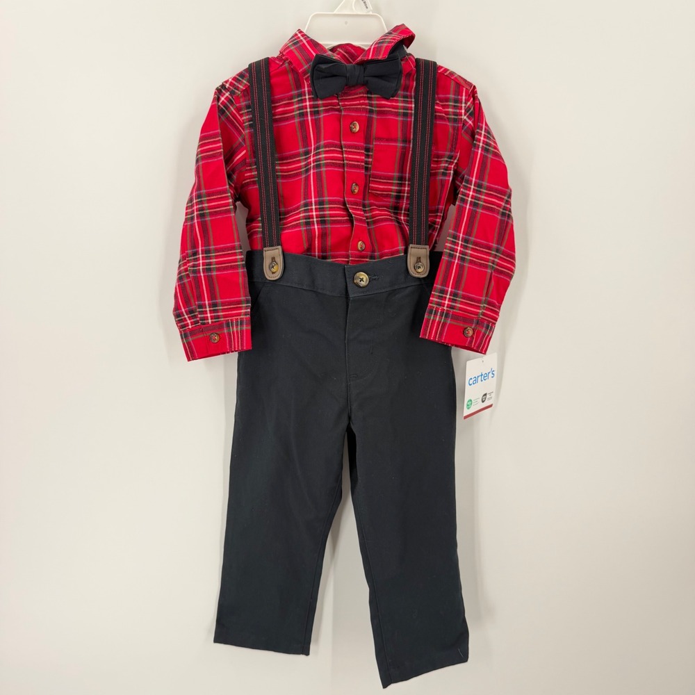 Carters Outfit Set 18M Red Black Plaid Suspenders Bowtie Holiday Christmas